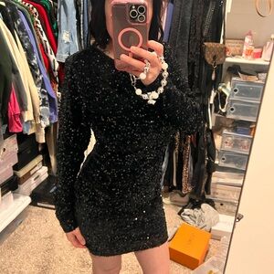Glamorous Black Velvet Sequin Long Sleeve Dress